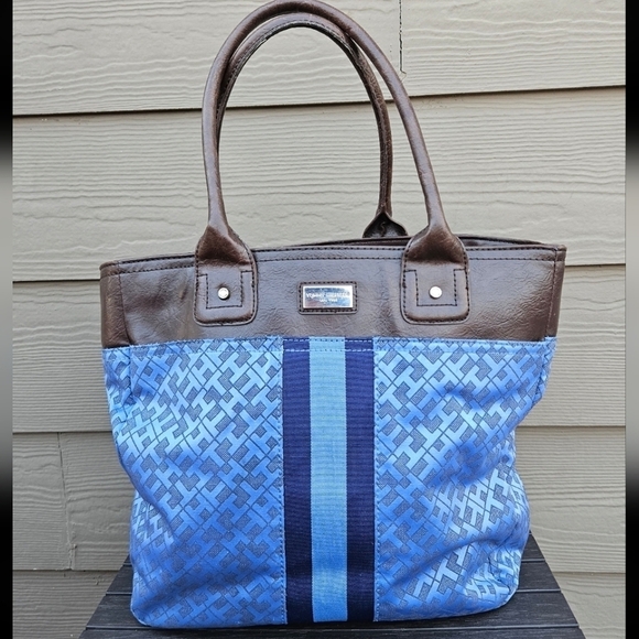Tommy Hilfiger Alpaca Blue and Brown Logo Tote Carry Bag Shoulder Big Purse - Picture 1 of 16